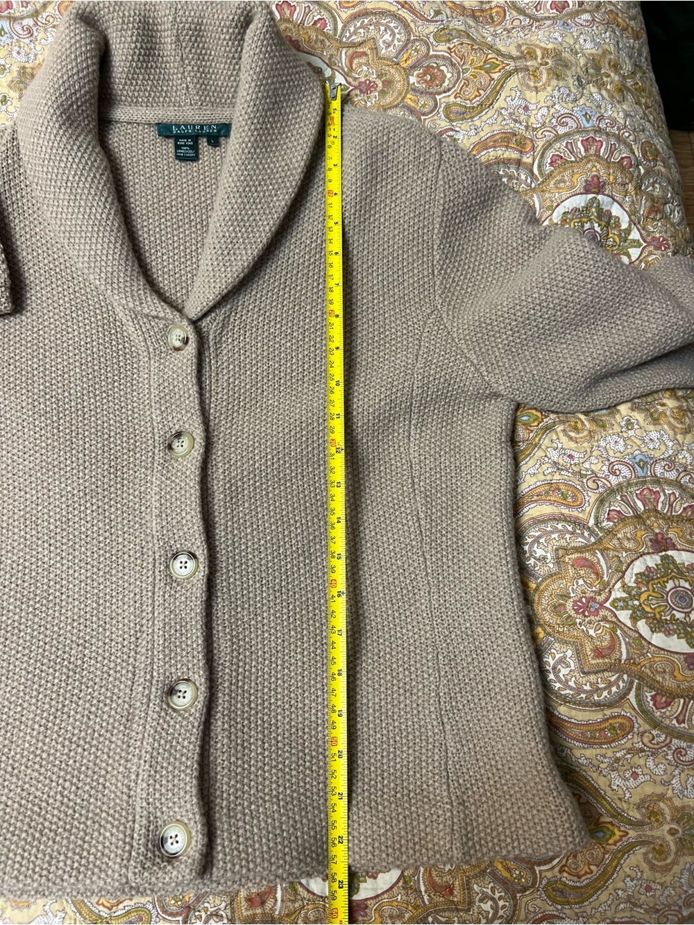 Lauren Ralph Lauren 100% Lambswool Shawl Collar Cardigan Sweater L Camel - Picture 10 of 11